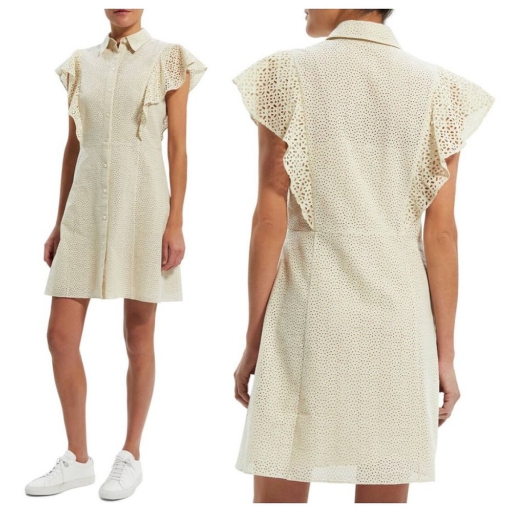 Theory Nova Ruffled Button Front Eyelet Mini Dress